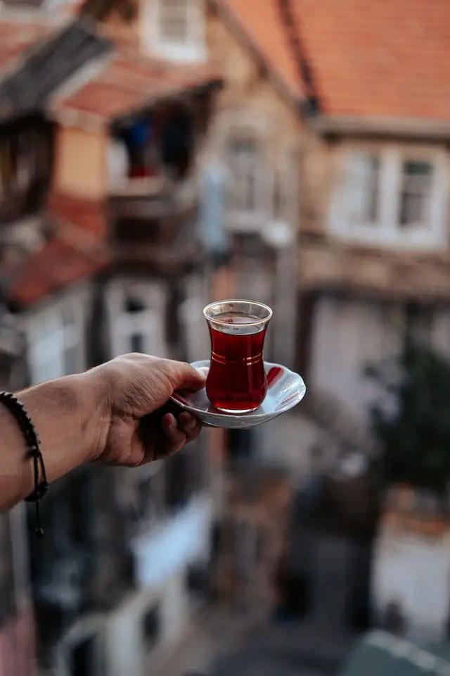 a person holding a cup of tea on a saucer