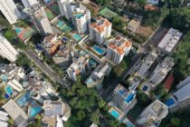 Aerial modern residential buildings in city district