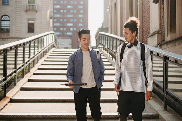 Students walking down a stairs