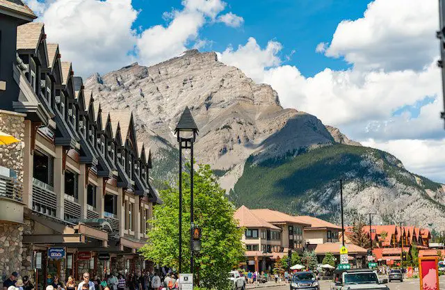 Street in Banff with Mountain in the Background