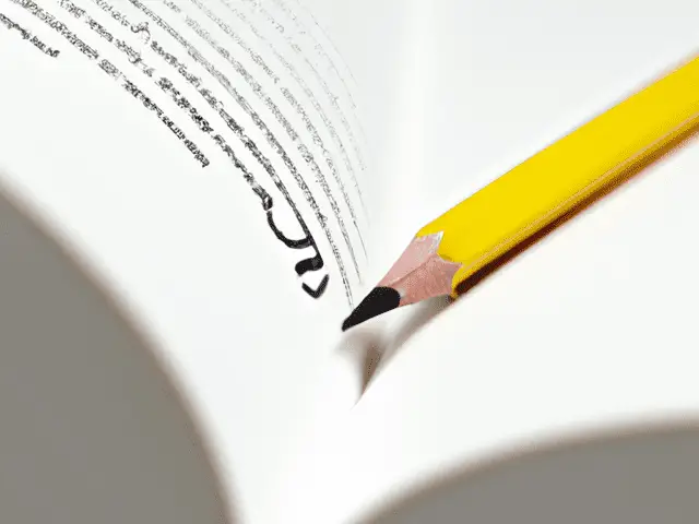 a pencil on a open book writing a paragraph