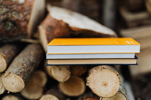 books on wood stack in rural backyard