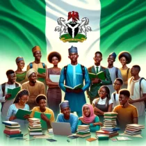 Nigerian students and a Nigerian flag in background