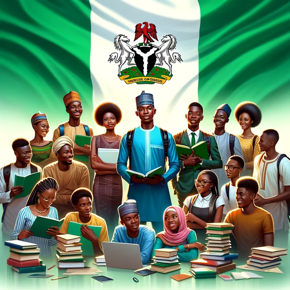 Nigerian students and a Nigerian flag in background