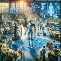 visualizing the field of robotics, depicting a high-tech robotics laboratory with engineers and scientists working on various robotic projects