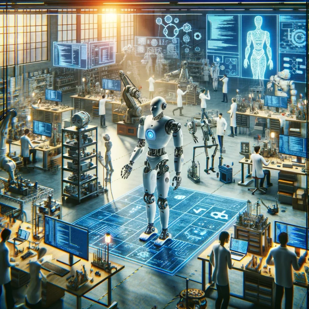 visualizing the field of robotics, depicting a high-tech robotics laboratory with engineers and scientists working on various robotic projects