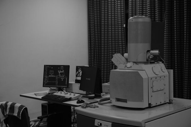 a black and white photo of a computer desk