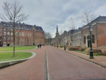 a street lined with brick buildings next to a lush green park