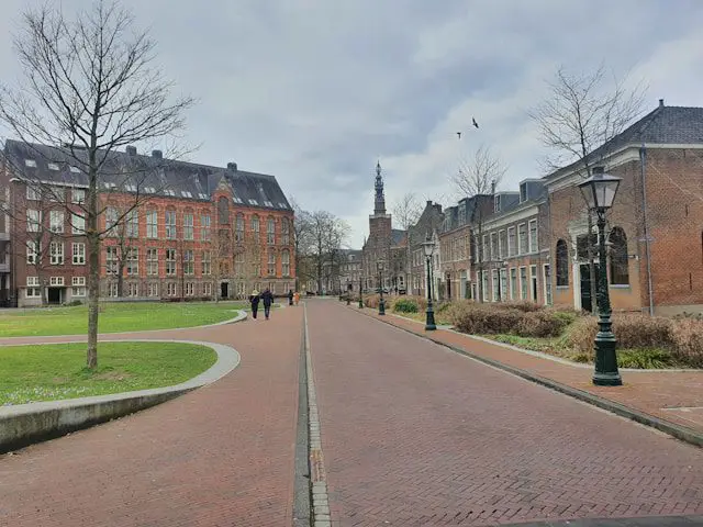 a street lined with brick buildings next to a lush green park