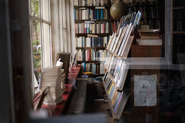 books on wooden shelves