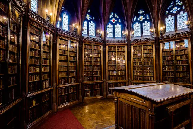historic library room with gothic architecture