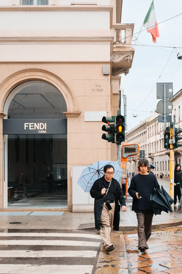 pedestrians in rainy milan street scene