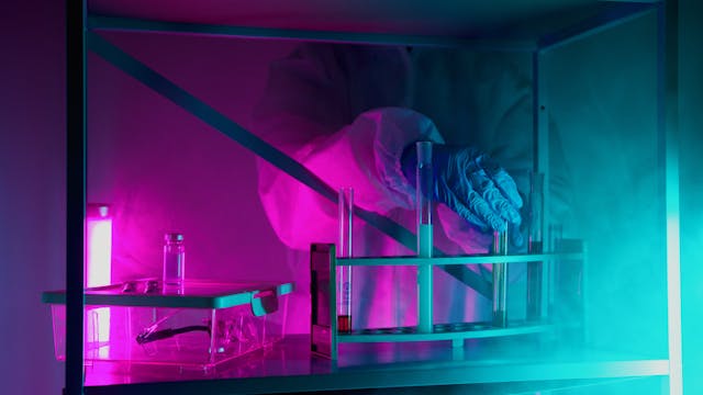 person wearing gloves holding a test tube