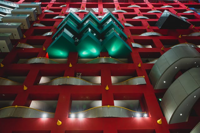 red interior design of modern multistory building