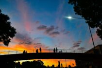 silhouette photography of people standing on bridge