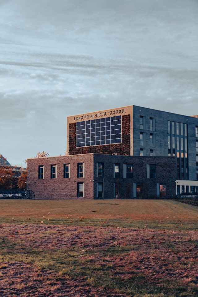 a large building with a sign on top of it