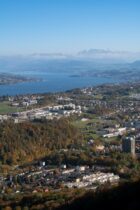 an aerial view of a city and a body of water