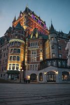 chateau frontenac illuminated at twilight in quebec city
