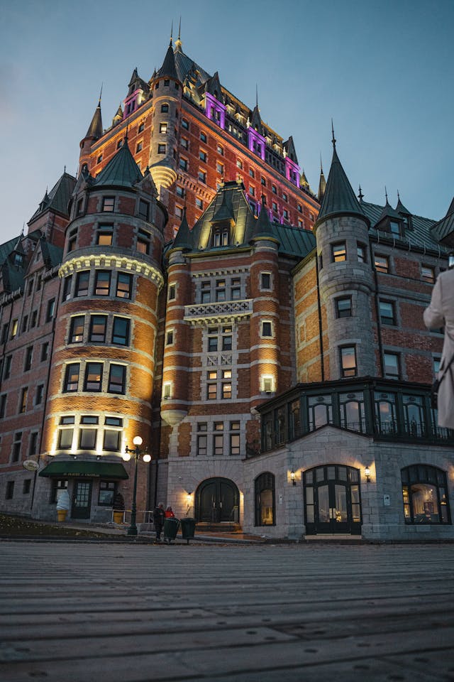 chateau frontenac illuminated at twilight in quebec city