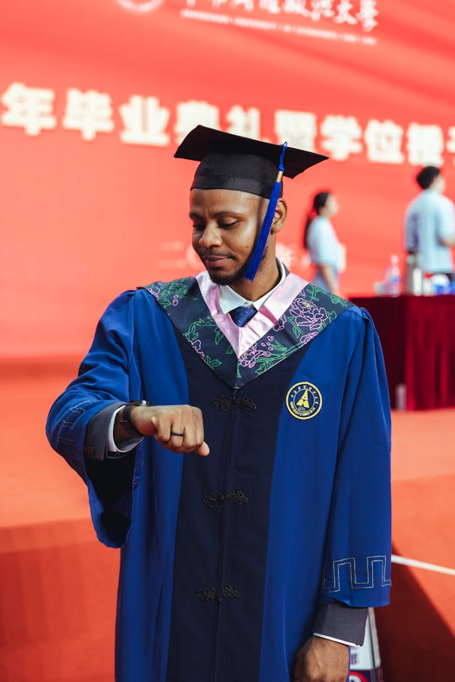 graduation ceremony with cap and gown