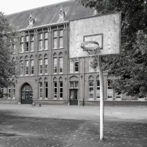 historic school building in black and white