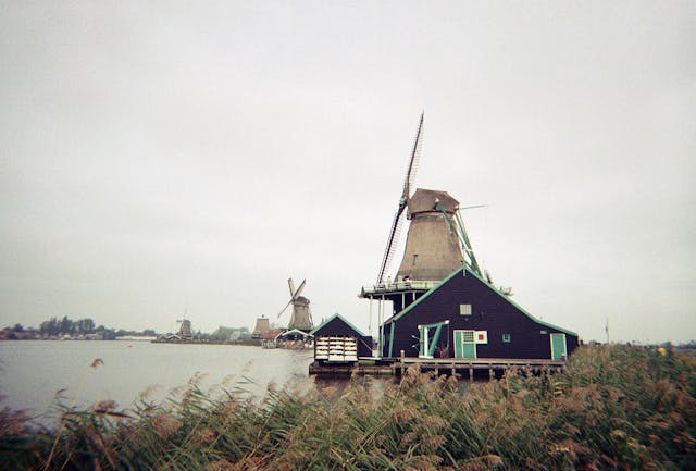 scenic windmills by the water in zaanse schans