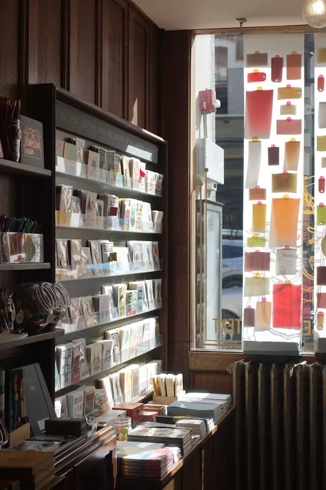 cozy stationery shop with sunlit interior