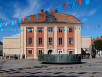 colorful festive flags in jonkoping sweden square