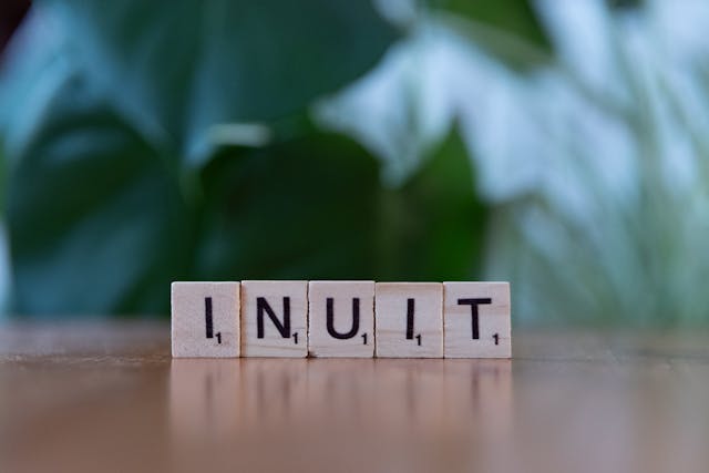wooden blocks spelling inuit on wooden table